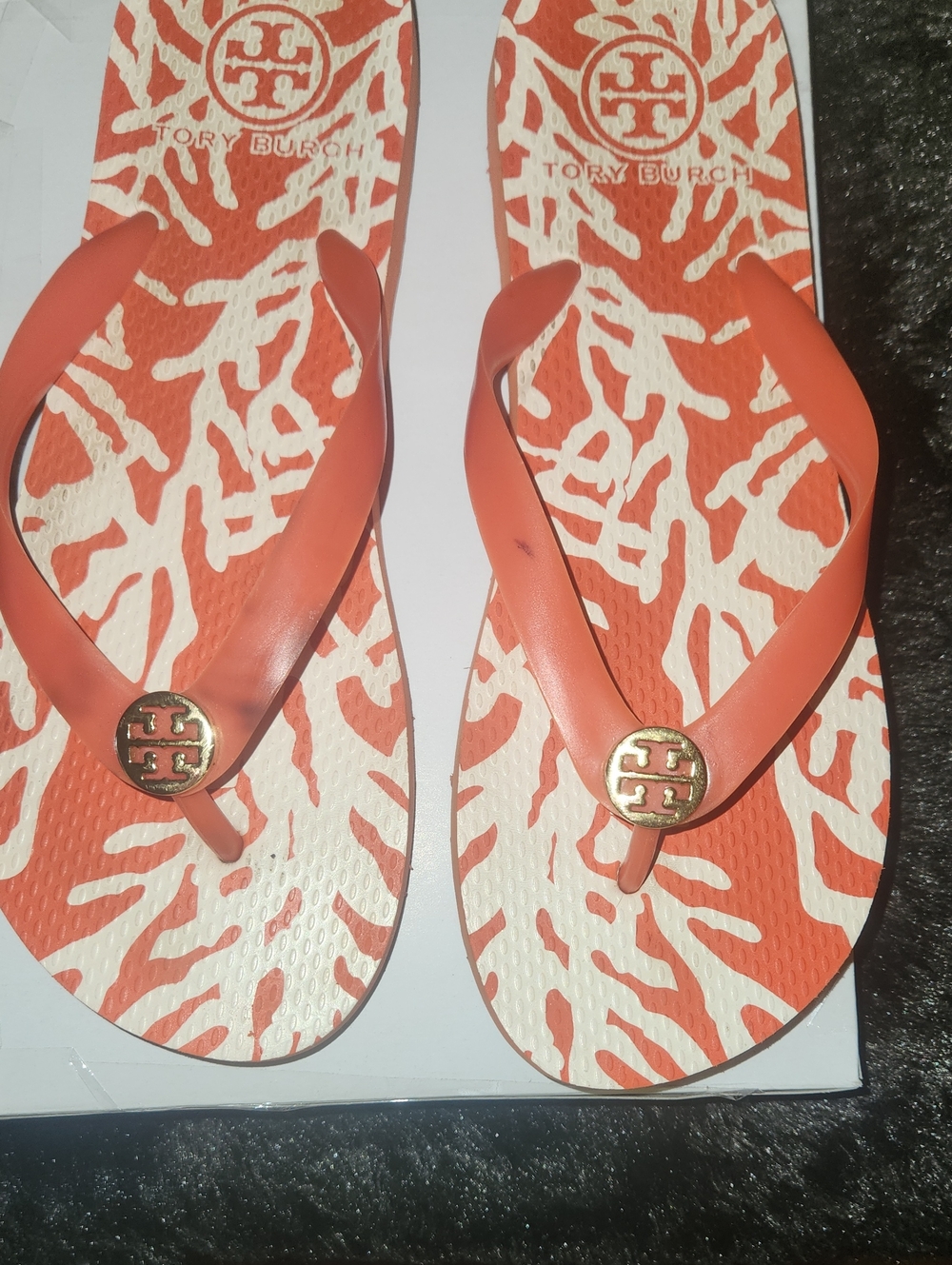 Tory Burch Coral Orange Zebra-Print Logo Flip Flops